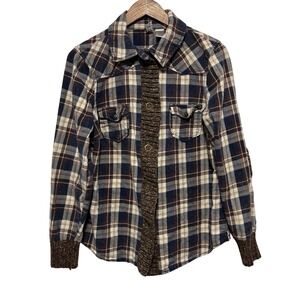 BKE Buckle Blouse Womens L Flannel Plaid Snap Front Western Sweater Trim Grunge